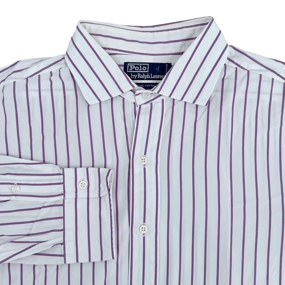 Polo Ralph‎ Lauren Button Down Mens 17-35 White Purple Striped Classic Vintage